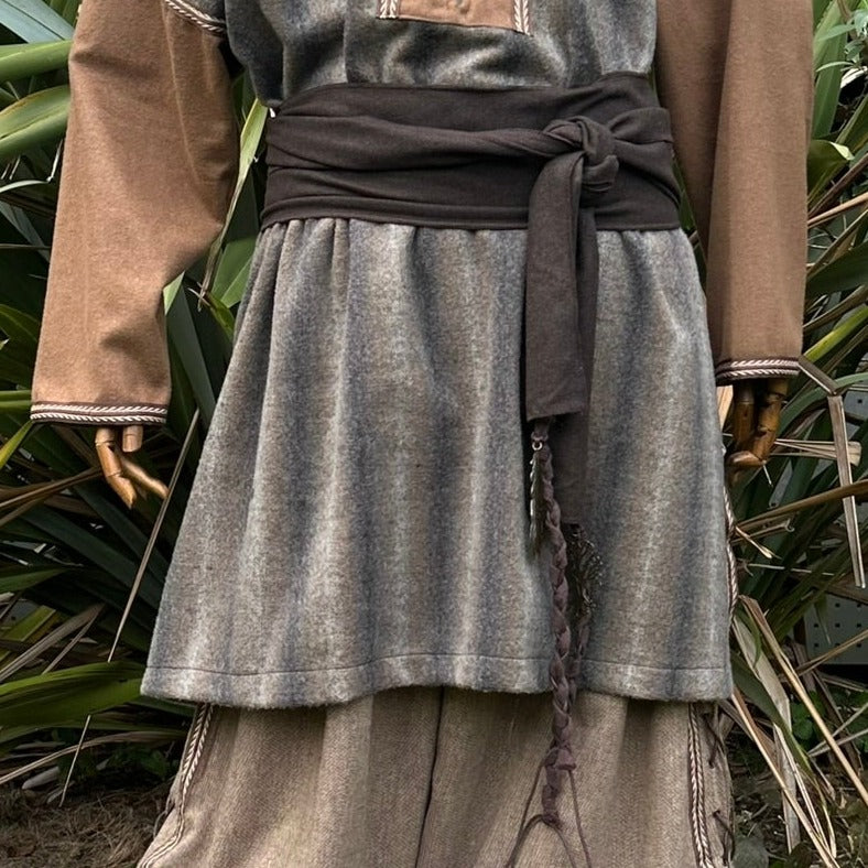 LARP Basic Outfit - 2 Pieces: Brown & Grey Mohair Two Tone Tunic and Brown Wool Sash - Chows Emporium Ltd