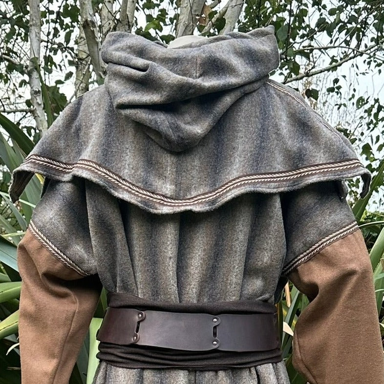 This LARP Hood in Brown & Grey Moahir Wool has extended dangling arms that can wrap around in various styles. This Viking Hood is Water Resistant towards rain. The Medieval Hood covers your shoulders and provides warmth. Perfect for your LARP Character and LARP Costume, Cosplay Event, and Ren Faire.