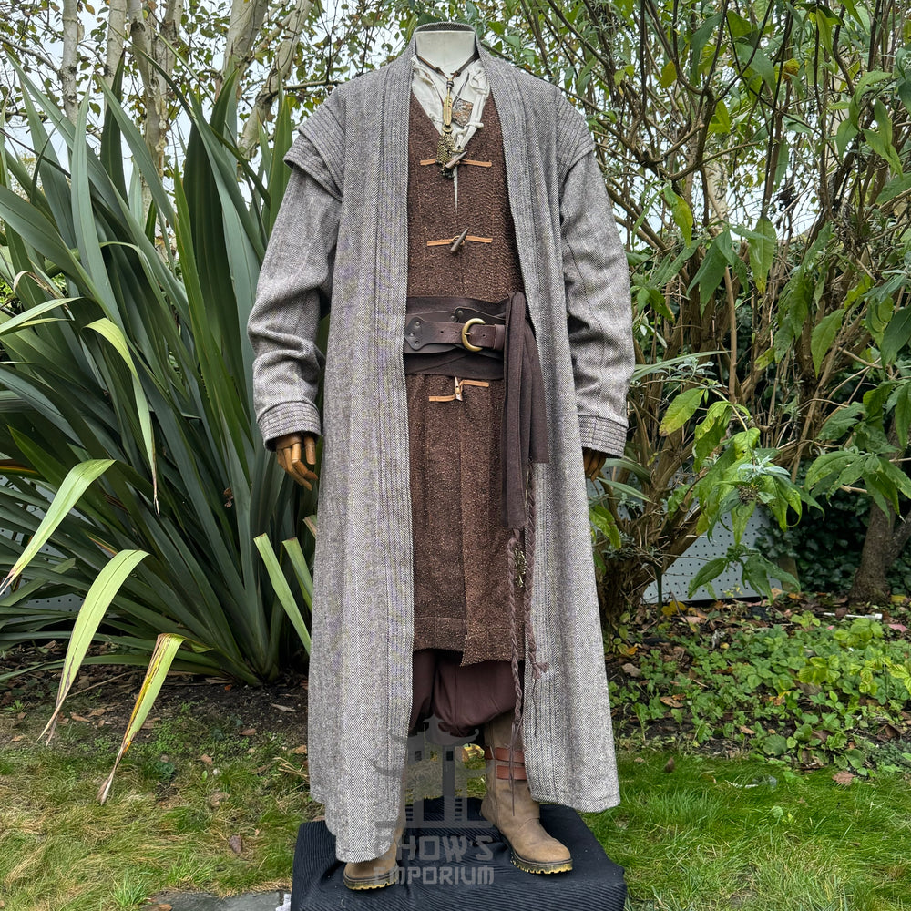Open front view of brown medieval LARP robe, full-length fantasy cosplay costume for knights, paladins, or rangers.