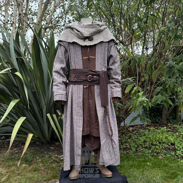 Medieval LARP costume front view, featuring a brown full length robe, snood hood, and sash. For Renaissance Faire and historical roleplay events.