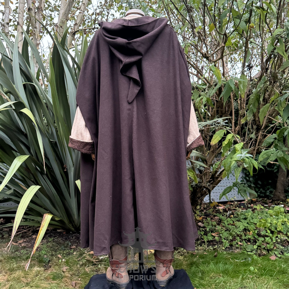 Medieval LARP costume back view featuring hooded cloak, pirate coat, trousers, sash and necklace - ideal for cosplay, LARP, and Renaissance Faire wear.