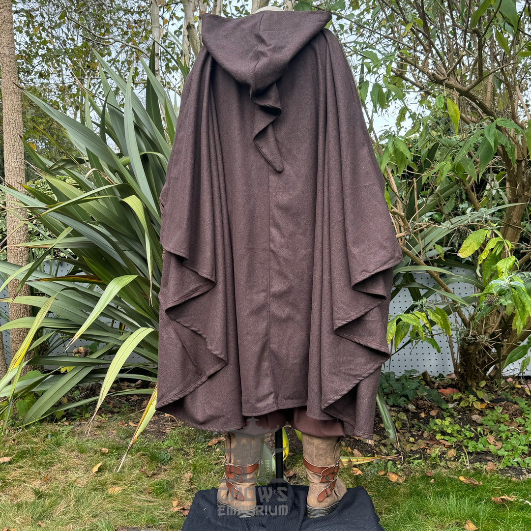 Back view of brown hooded medieval LARP cloak, full-length fantasy cosplay costume for roleplay or historical events.