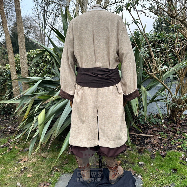 Back view of beige and brown pirate-style LARP coat, medieval fantasy cosplay outerwear for Renaissance Faire costumes.