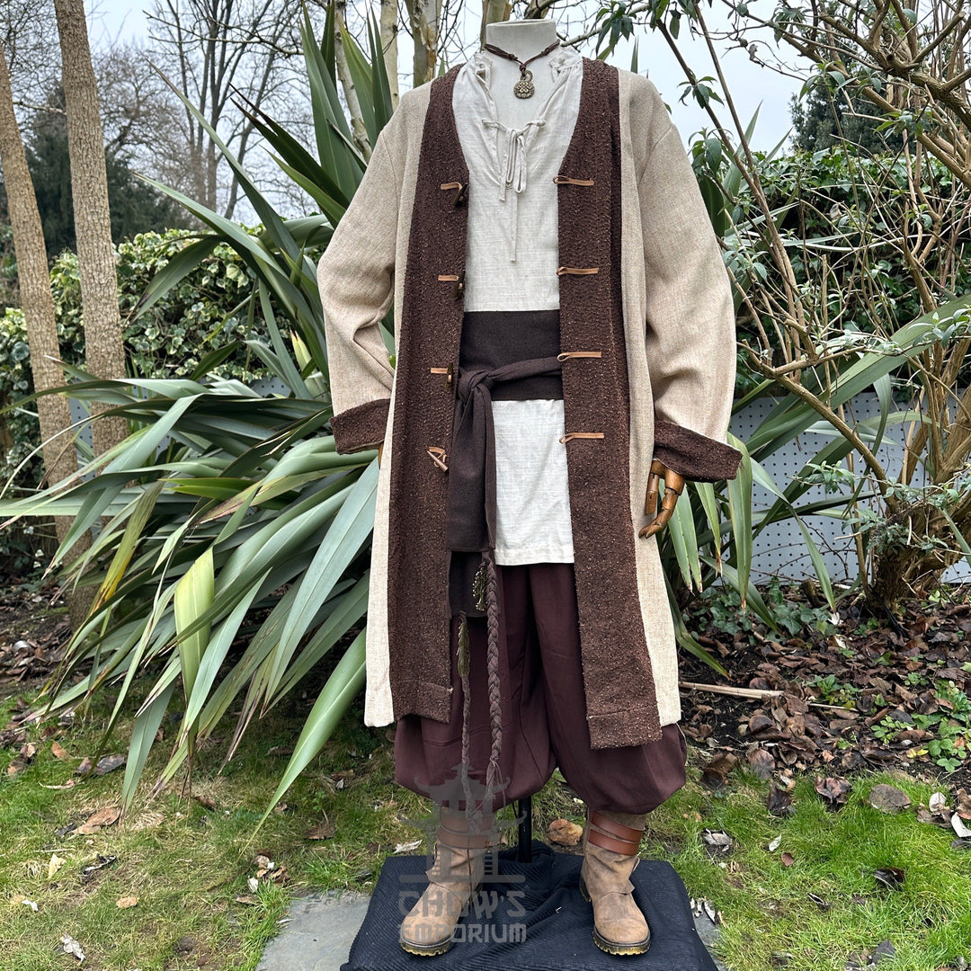 Front view of beige and brown LARP pirate coat, authentic medieval fantasy cosplay jacket for Renaissance Faires and roleplay events.