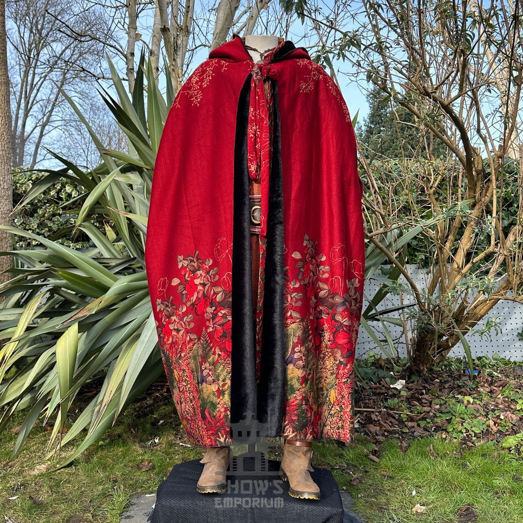 Red embroidered LARP cloak with fur lining, medieval fantasy cosplay costume for Renaissance Faires and events. front hood down.