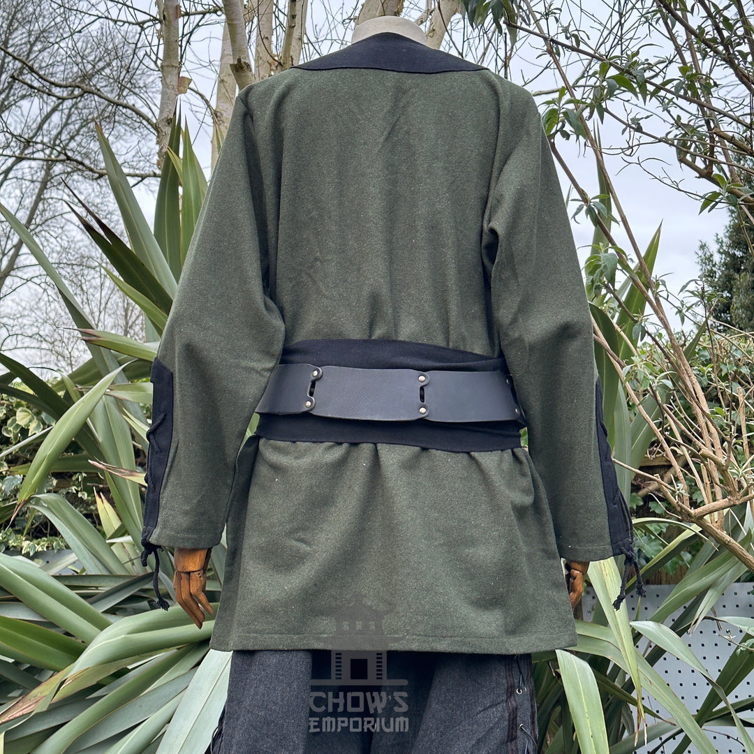 wool Viking shirt green black styled for Ren faire outfit