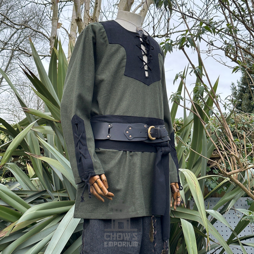 two-tone wool Viking shirt in green & black for medieval costume