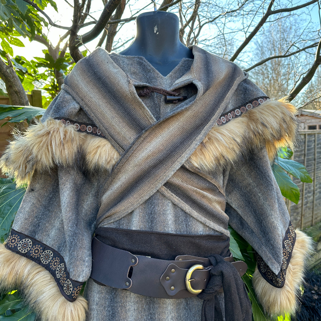 LARP Mohair Basic Outfit - 3 Pieces: Brown & Grey Mohair Tunic, Hood and Sash - Chows Emporium Ltd