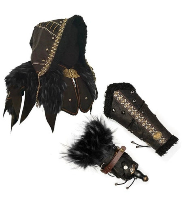 Dark Rogue LARP Outfit - 4 Pieces; Ornate Hood, Vambraces, Medieval Shirt, Sash - Chows Emporium Ltd