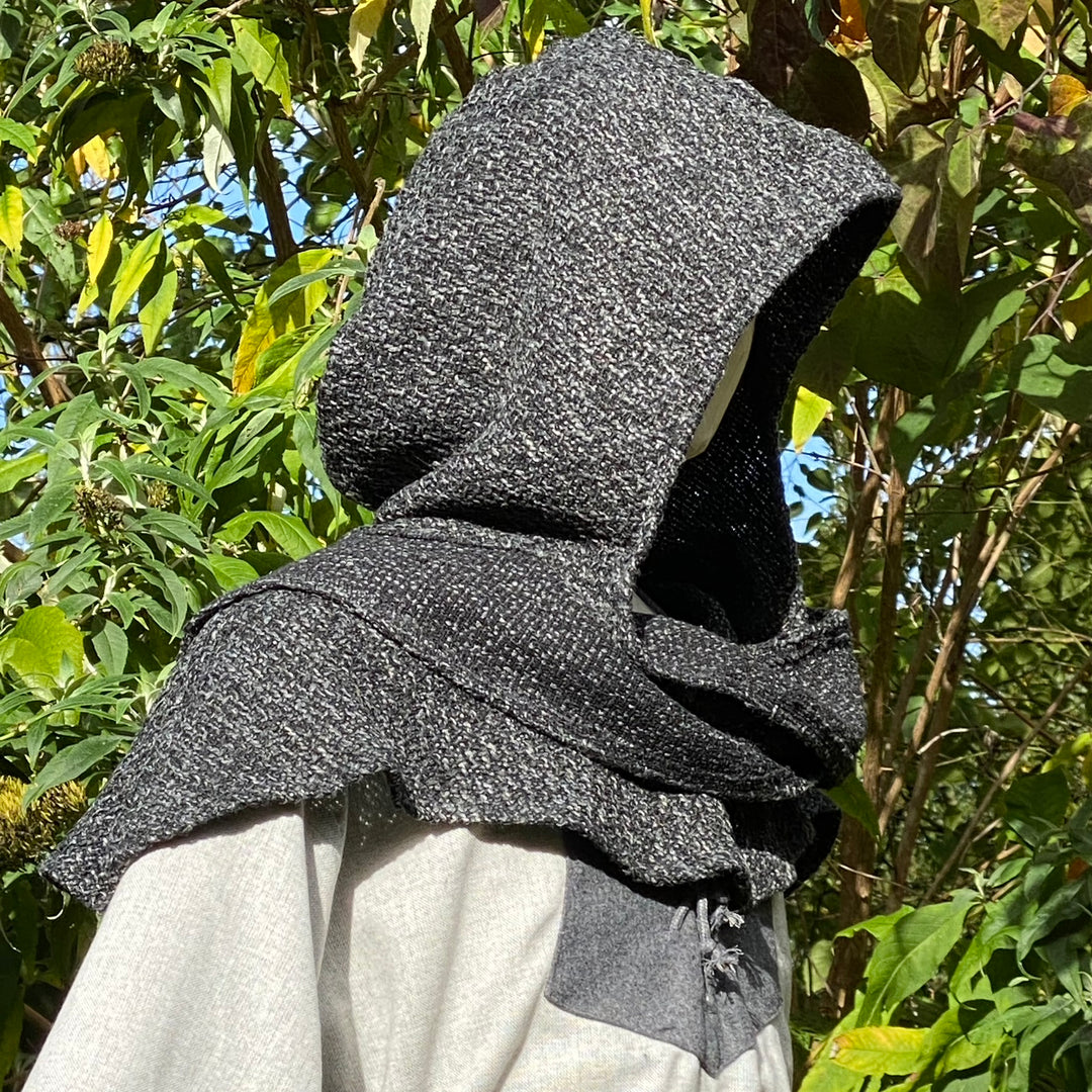 Ocean Druid LARP Outfit - 2 Pieces; Ornate wool Tunic,  Black & grey, Wraparound Scarf Hood - Chows Emporium Ltd