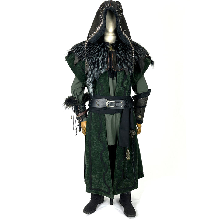 Front view of a medieval LARP costume, featuring a faux leather hood and vambraces, suede-effect waistcoat, shirt, pants, woolen sash and necklace. For Ren Faire and roleplay events.
