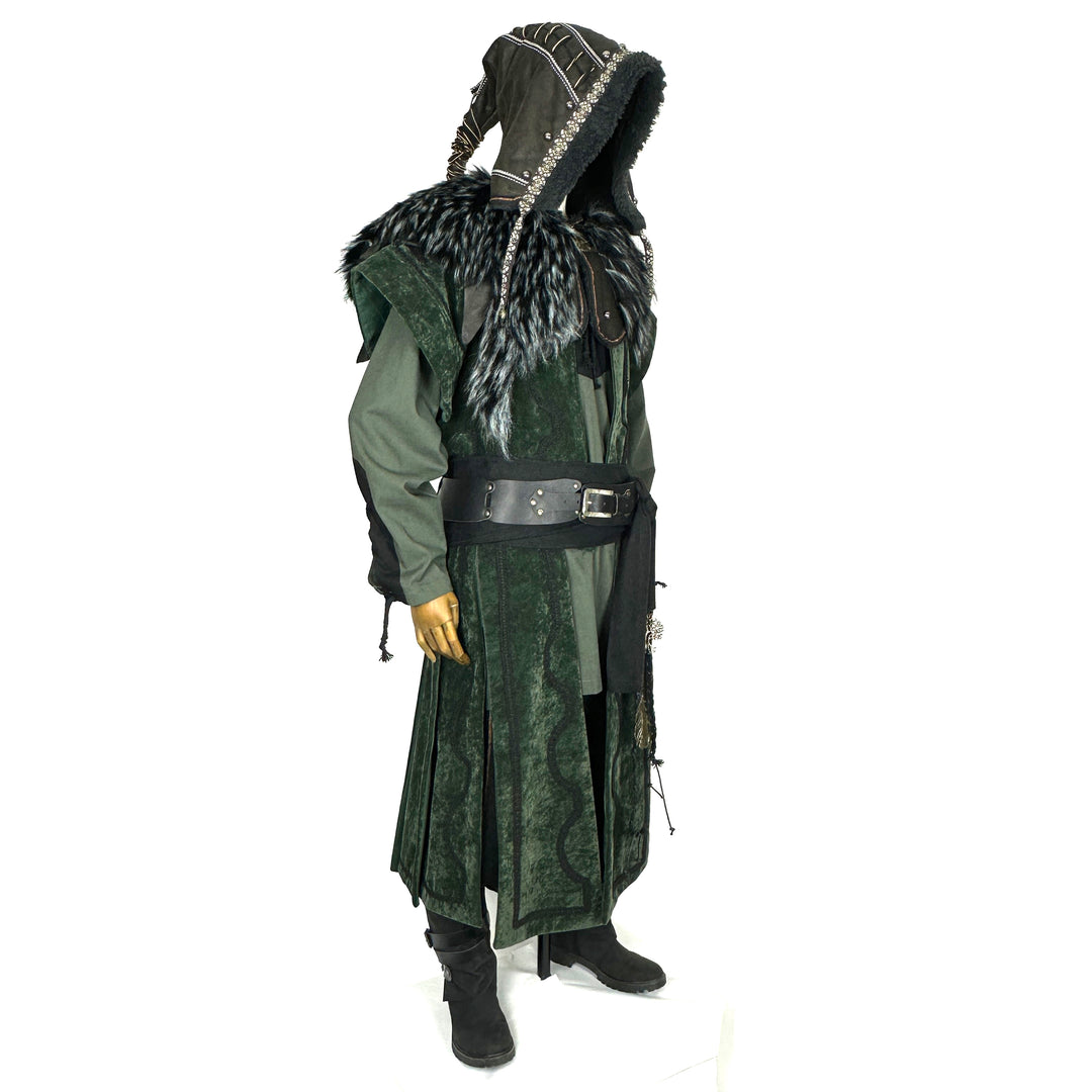 Twilight Alchemist LARP Outfit - 6 Pieces; Green Waistcoat, Faux Leather Hood, Tunic, Pants, Sash and Necklace