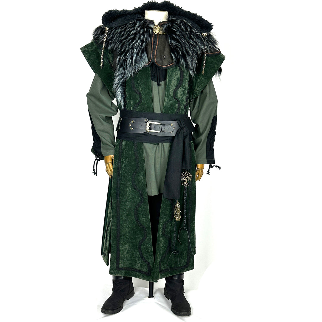 Twilight Alchemist LARP Outfit - 6 Pieces; Green Waistcoat, Faux Leather Hood, Tunic, Pants, Sash and Necklace