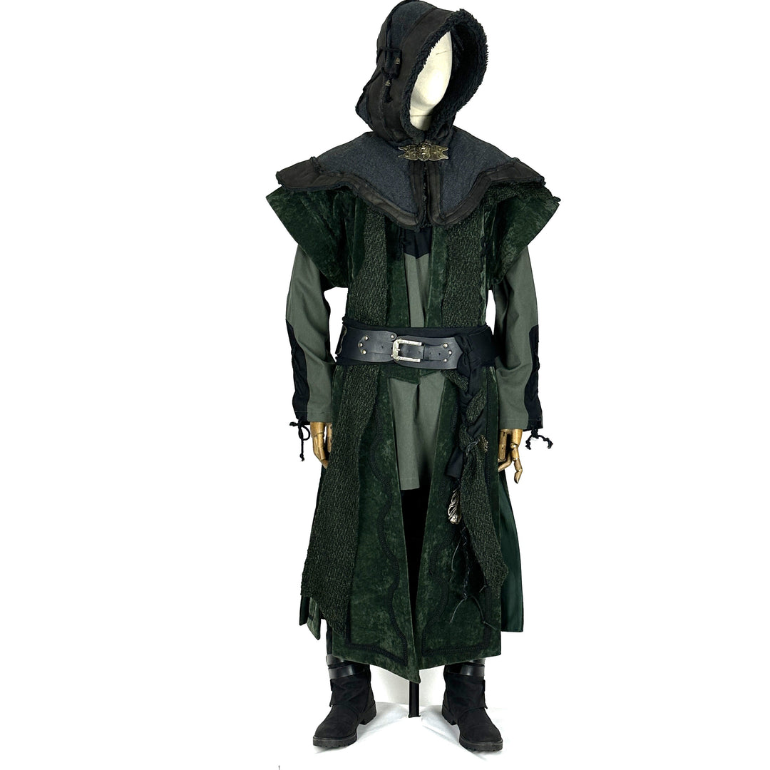 Twilight Rogue LARP Outfit - 6 Pieces; Green Waistcoat, Layered Hood, Tunic, Pants, Sash and Necklace