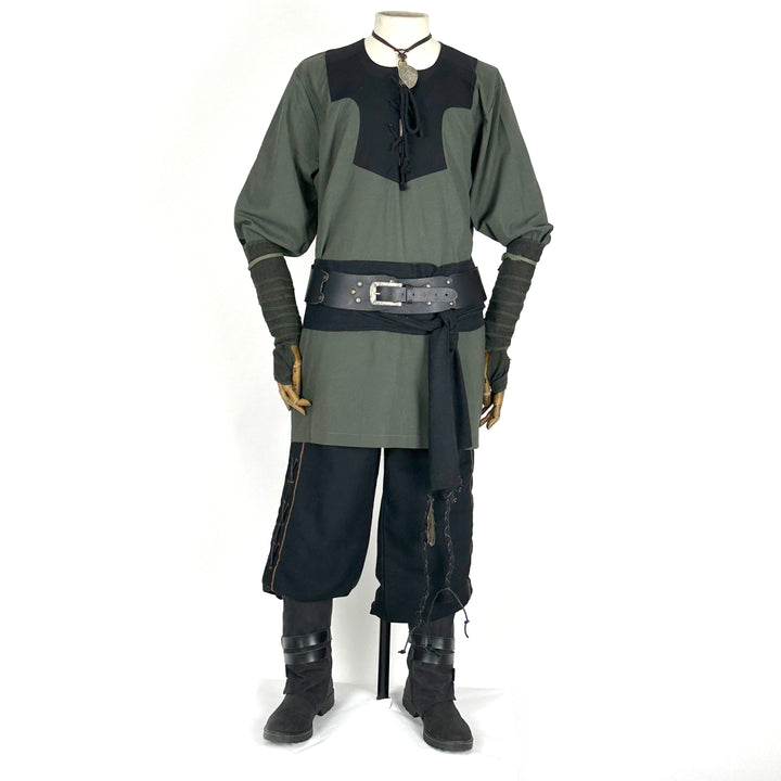 Twilight Alchemist LARP Outfit - 7 Pieces; Green Waistcoat, Faux Leather Hood, Vambraces, Tunic, Pants, Sash and Necklace