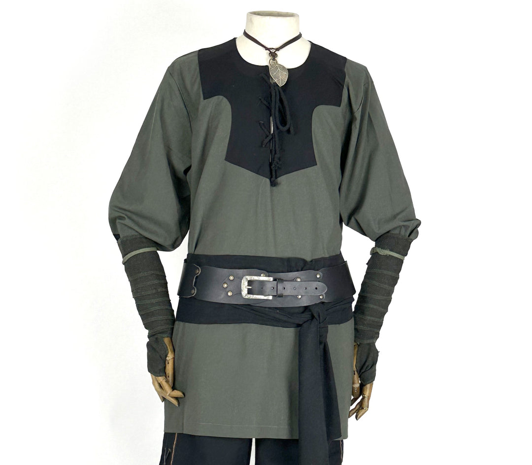 LARP Basic Outfit - 4 Pieces: Green & Black Shirt, Arm Wraps, Pants, Sash