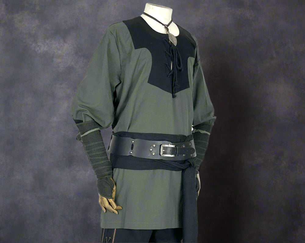 two-tone cotton Viking shirt in slate green & black for medieval costume