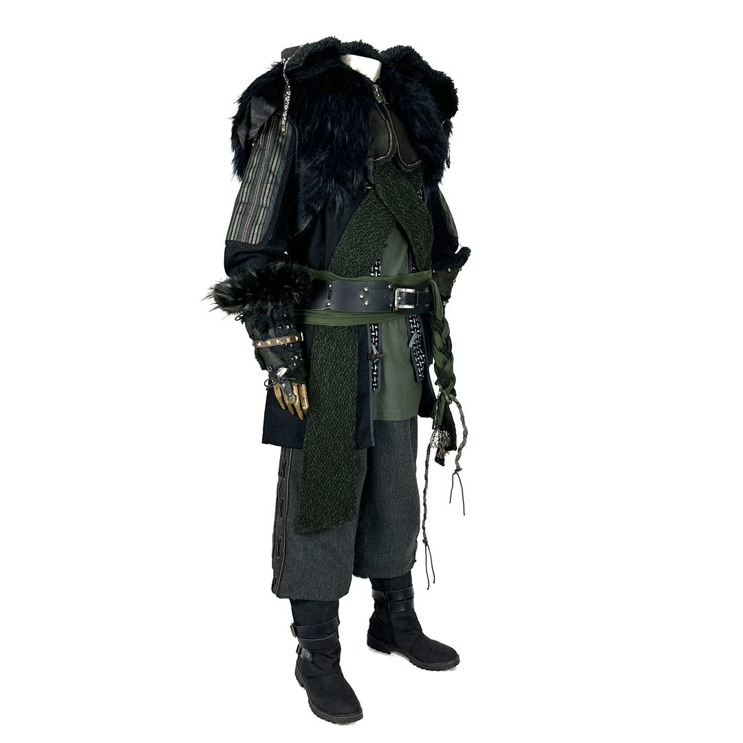 Master Mountain Druid LARP Outfit - 6 Pieces, Green Jacket, Faux Leather Hood and Vambraces, Shirt, Pants and Sash
