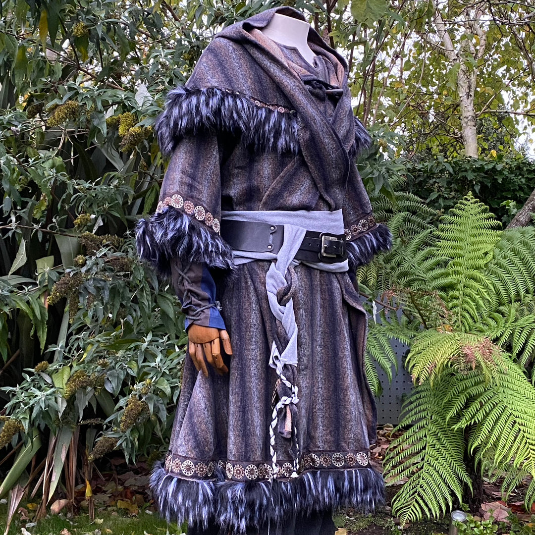 Arcane Warrior LARP Outfit - 3 Pieces; Blue & Grey Tunic, Mohair Hood, Sash - Chows Emporium Ltd