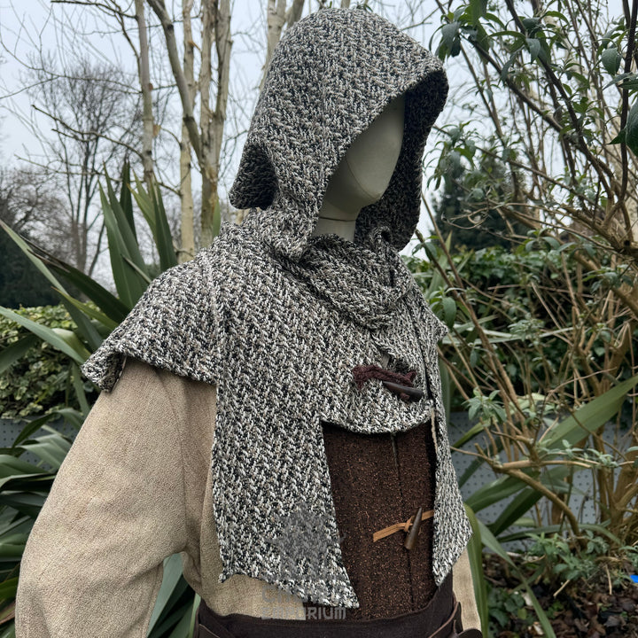 Capuche enveloppante médiévale - Carreaux bleus et blancs - Écharpe en laine LARP Hood