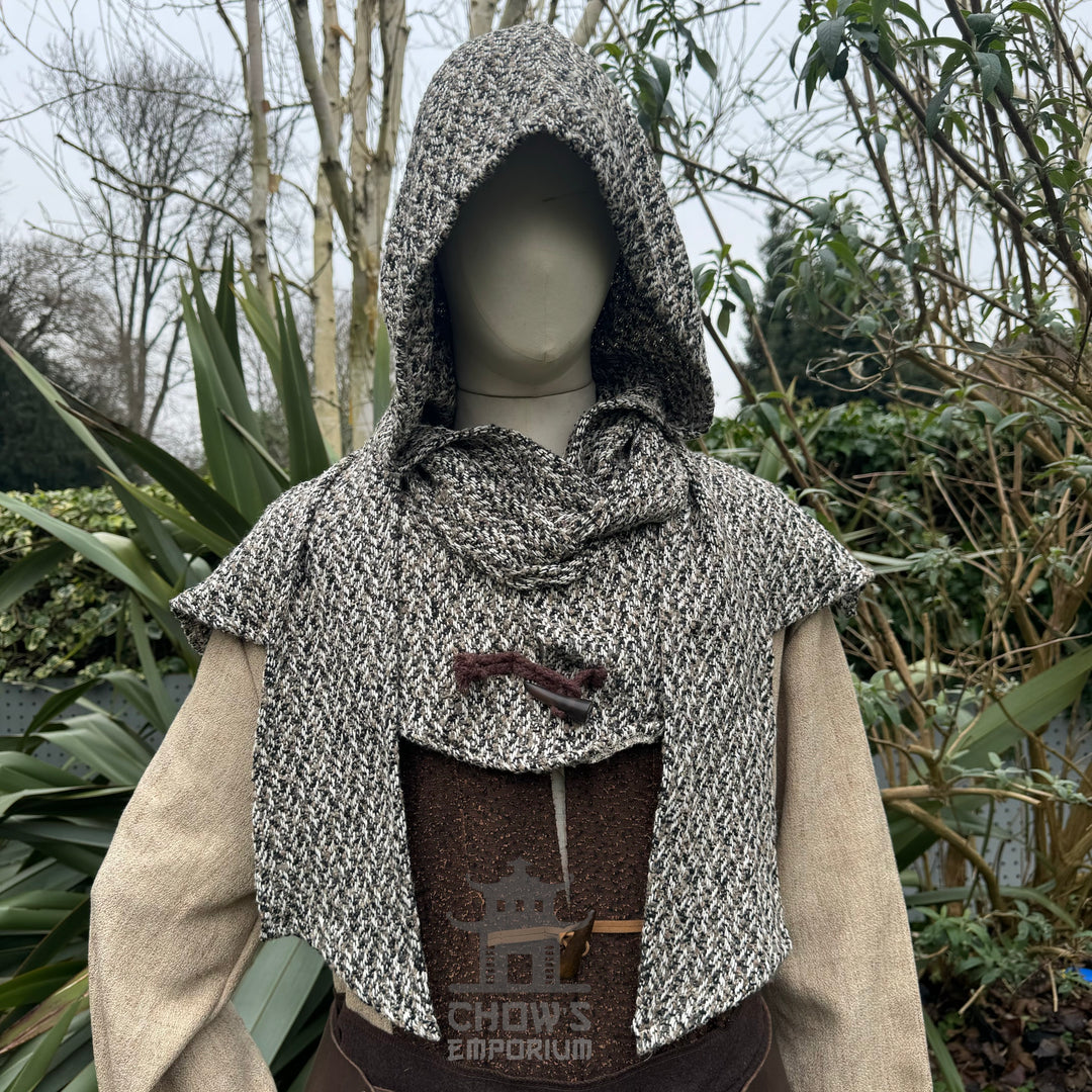 Capuche enveloppante médiévale - Carreaux bleus et blancs - Écharpe en laine LARP Hood