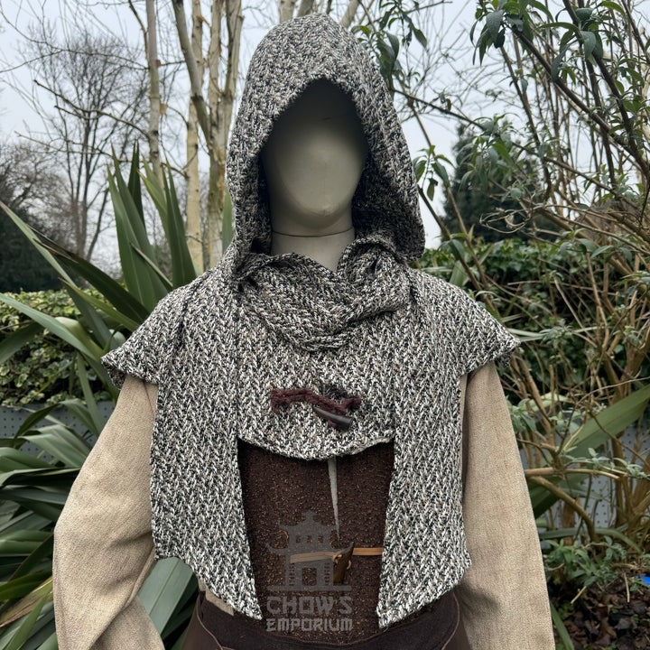Capuche enveloppante médiévale - Carreaux bleus et blancs - Écharpe en laine LARP Hood