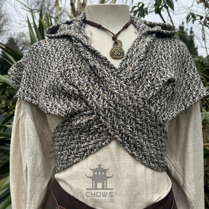 Capuche enveloppante médiévale - Carreaux bleus et blancs - Écharpe en laine LARP Hood