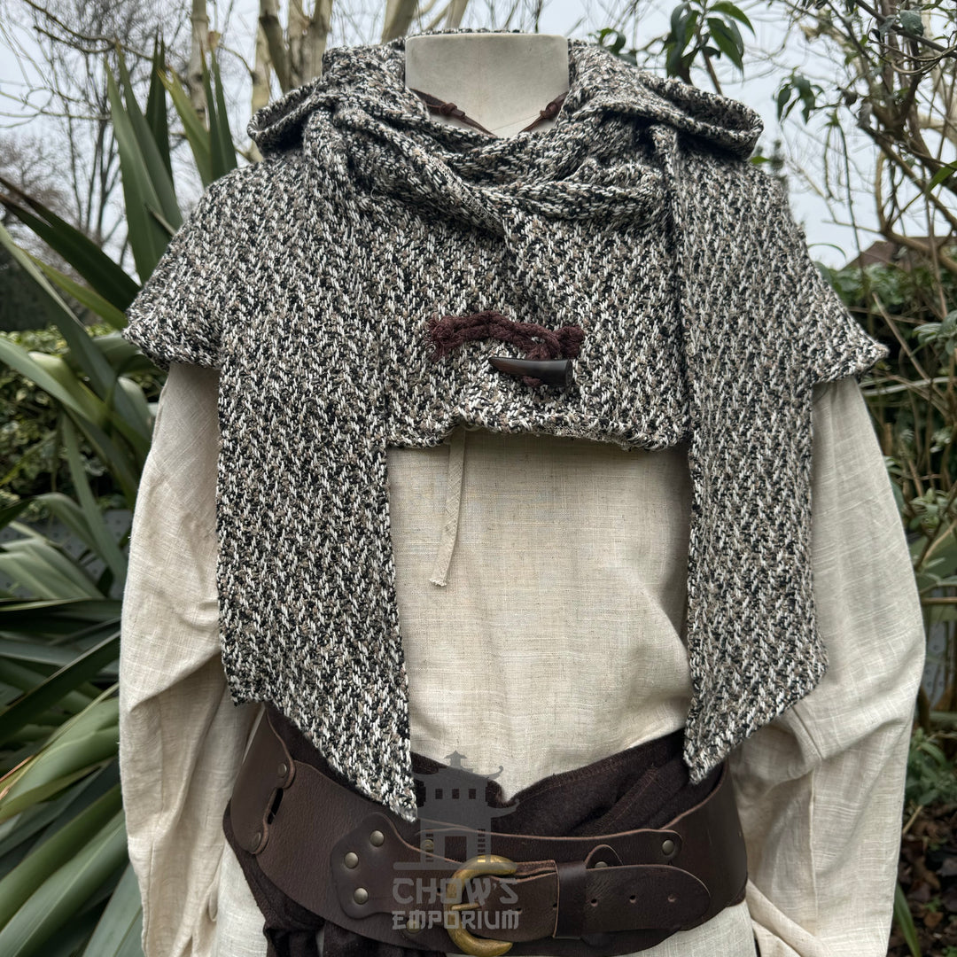 Capuche enveloppante médiévale - Carreaux bleus et blancs - Écharpe en laine LARP Hood