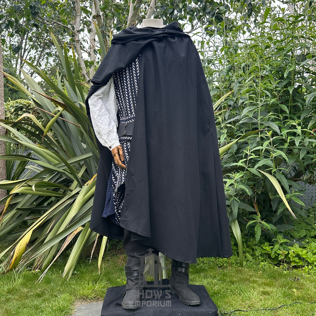 Front view of black wool hooded LARP cloak and robe, medieval fantasy cosplay costume for Renaissance Faires and roleplay events.