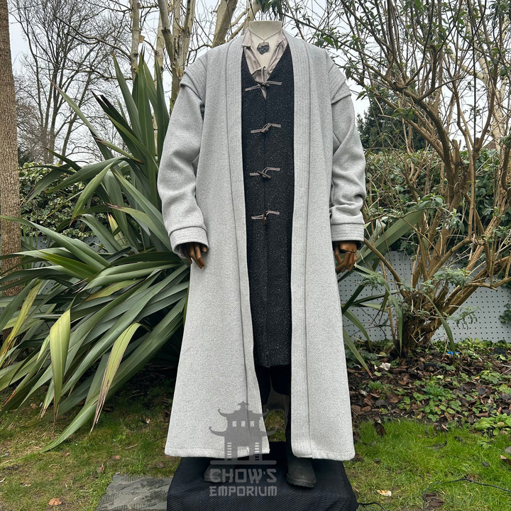 Front view of light grey herringbone LARP robe worn open, medieval fantasy cosplay costume for Renaissance Faires and roleplay events.