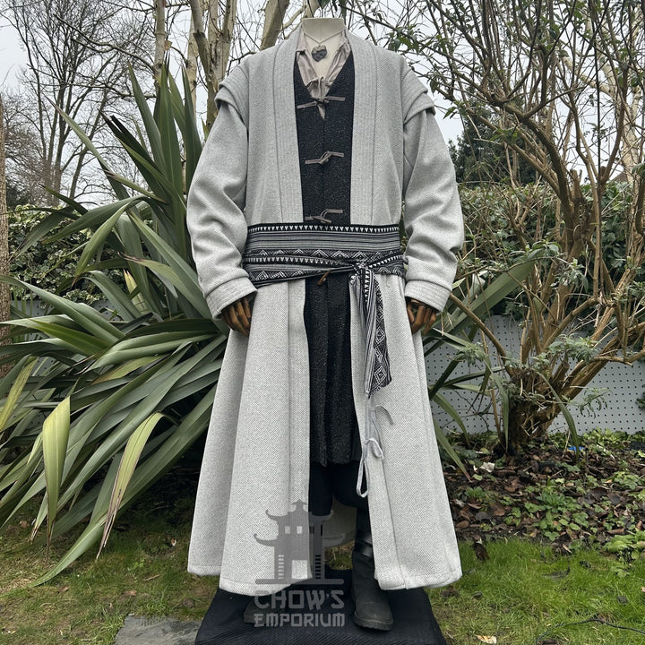 Full-length light grey herringbone LARP robe, medieval fantasy cosplay costume for Renaissance Faires and LARP events.