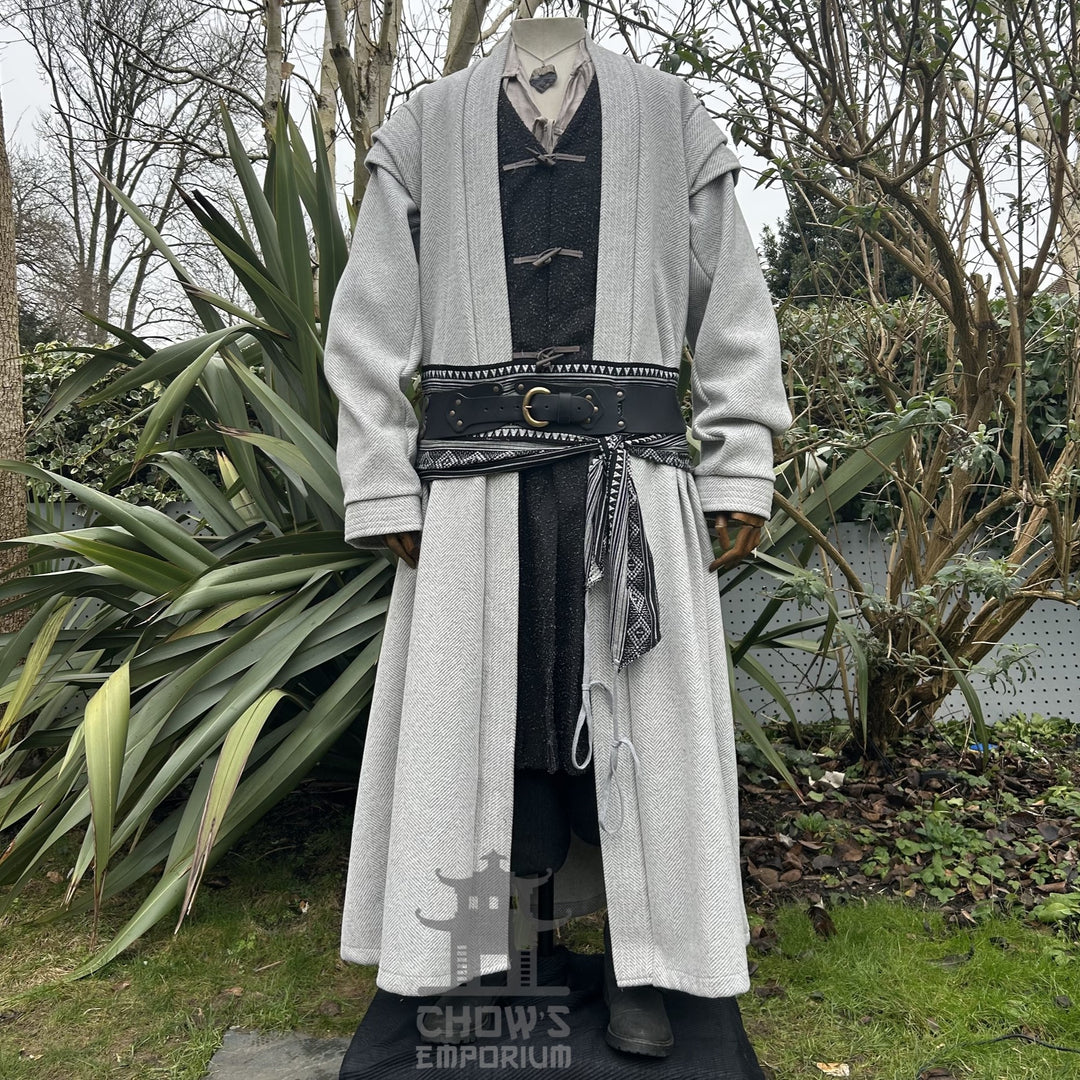 Medieval LARP costume front view, featuring a light grey full length robe, two-tone jacket, shirt, trousers, and accessories. For Renaissance Faire and historical roleplay events.