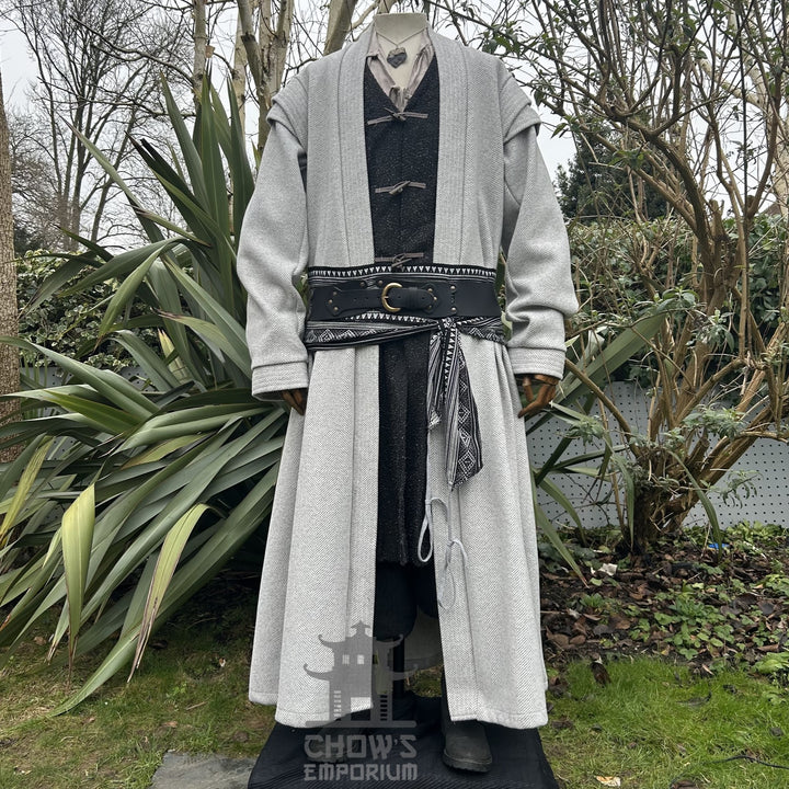 Medieval LARP costume front view, featuring a light grey full length robe, two-tone jacket, shirt, trousers, and accessories. For Renaissance Faire and historical roleplay events.