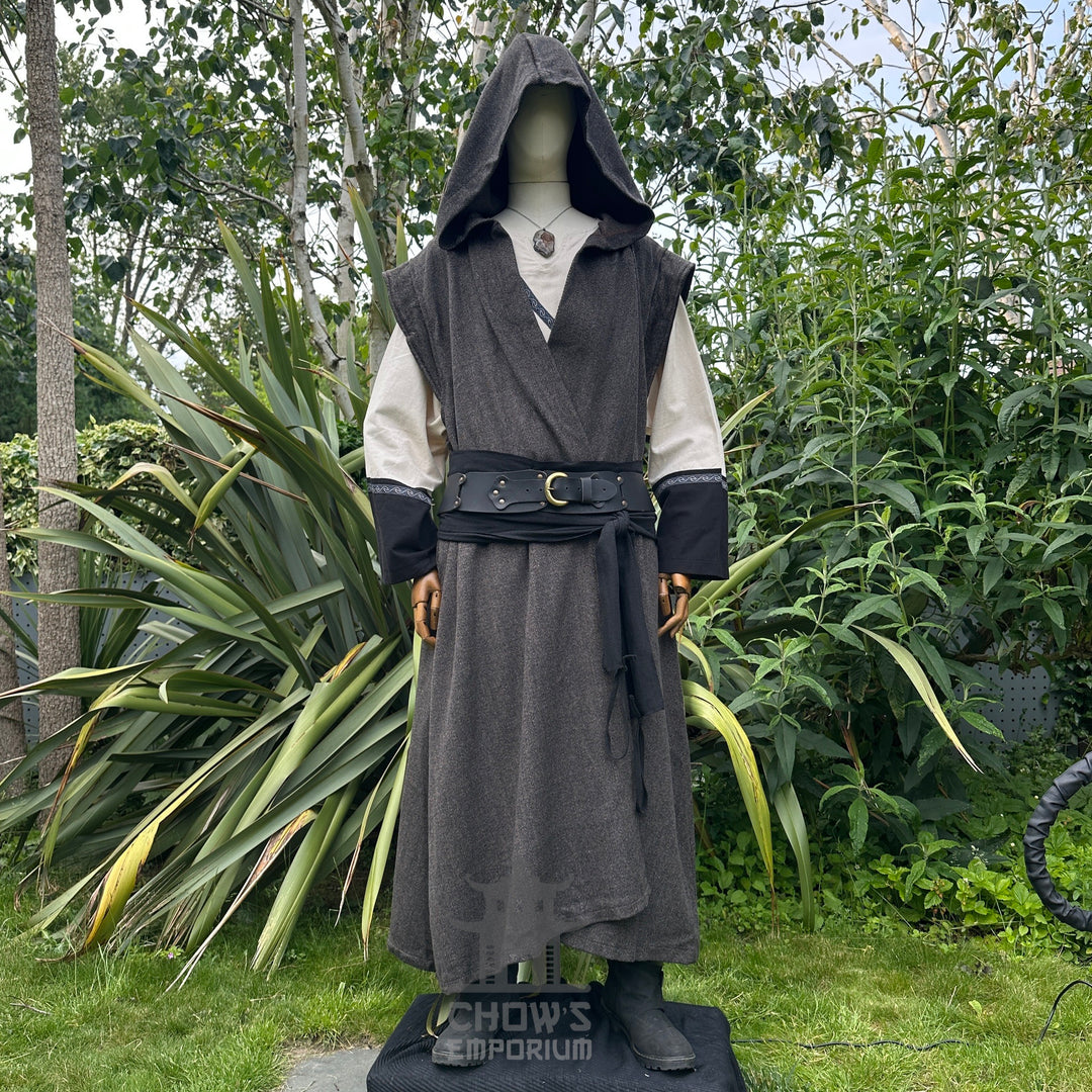Medieval LARP costume front view featuring brown sleeveless robe, tunic, trousers, and sash. For Renaissance Faire and historical roleplay events.