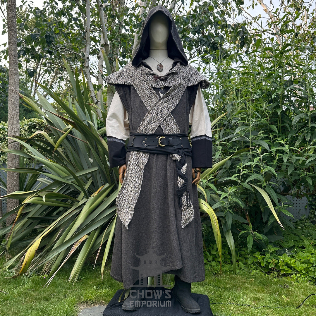 Medieval LARP costume front view featuring brown sleeveless robe, tunic, trousers, hood, belt and sash. For Renaissance Faire and historical roleplay events.