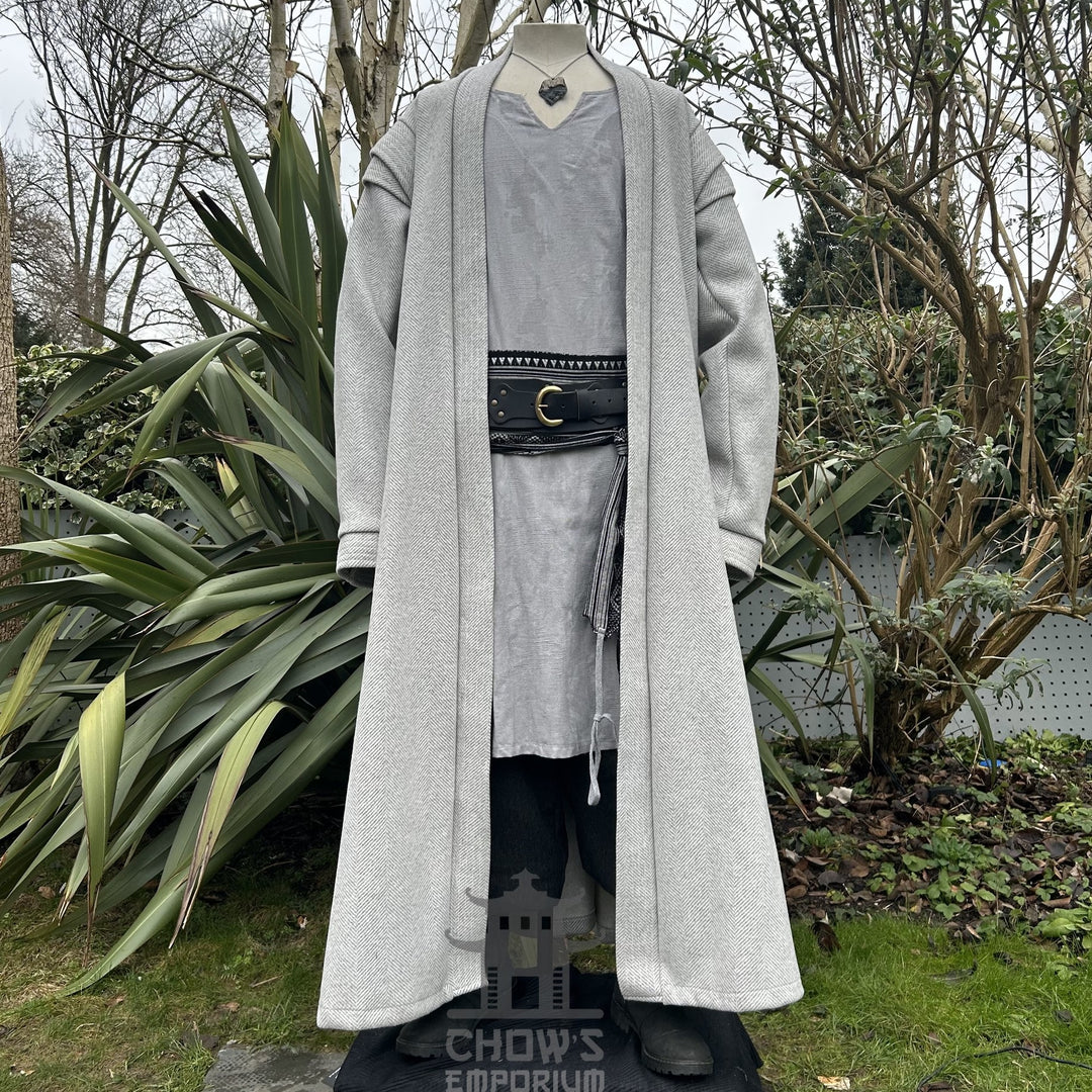 Front view of light grey herringbone LARP robe worn open, medieval fantasy cosplay costume for Renaissance Faires and roleplay events.