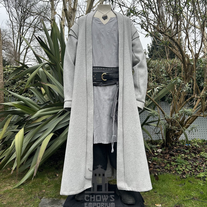 Front view of light grey herringbone LARP robe worn open, medieval fantasy cosplay costume for Renaissance Faires and roleplay events.