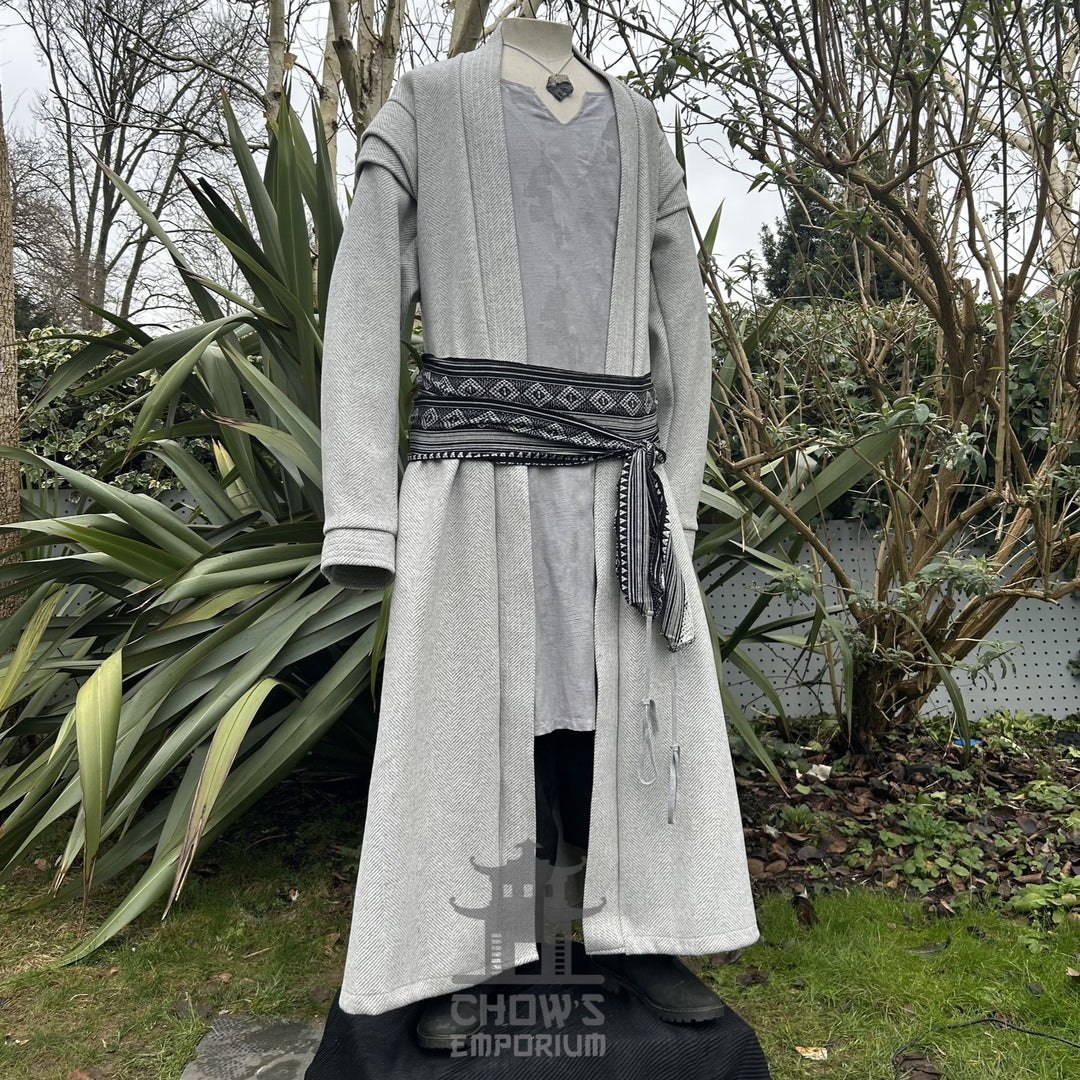 Closed front view of light grey medieval LARP robe, fantasy cosplay costume for knights, monks, or rangers.