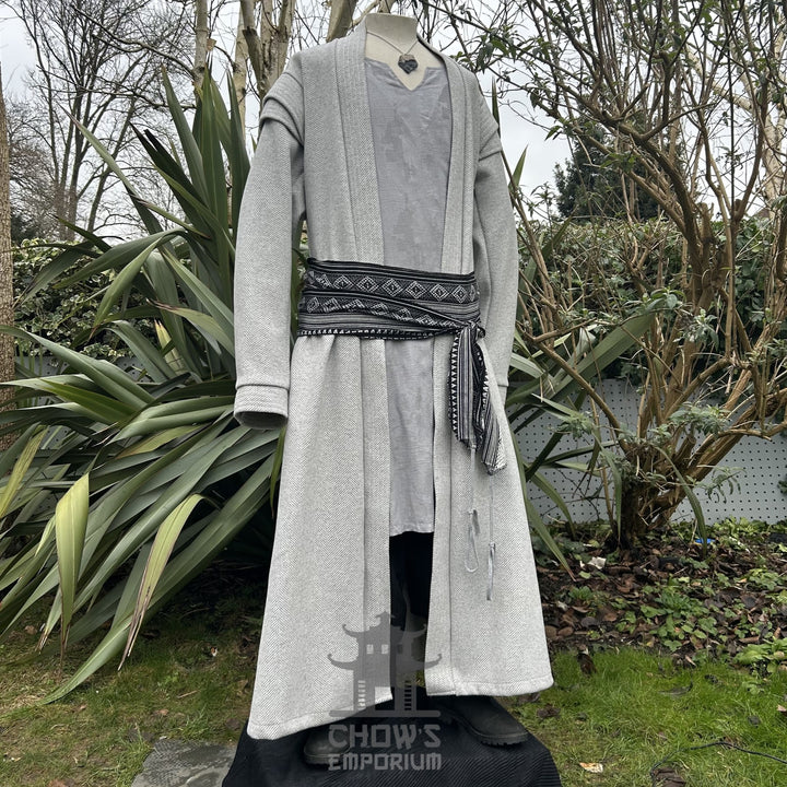 Closed front view of light grey medieval LARP robe, fantasy cosplay costume for knights, monks, or rangers.