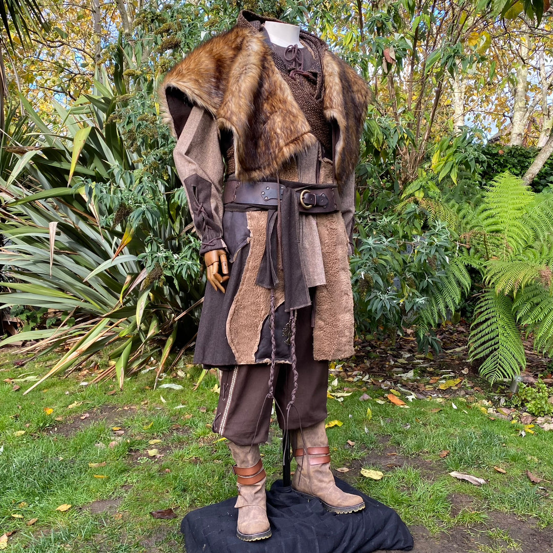 Barbarian Warrior LARP Outfit - 7 Piece Set; Waistcoat, Hood, Mantle, Shirt, Pants, Sash & Hat - Chows Emporium Ltd
