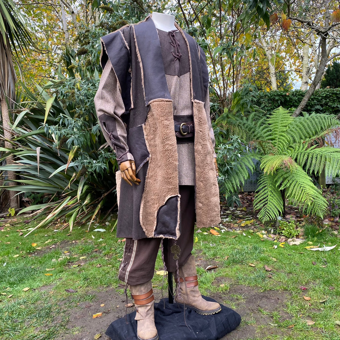 Ranger of Middle Earth LARP Outfit - 3 Pieces; Faux Leather Fleece Lined Waistcoat, Hood, Sash - Chows Emporium Ltd
