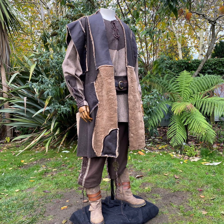 Ranger of Middle Earth LARP Outfit - 3 Pieces; Faux Leather Fleece Lined Waistcoat, Hood, Sash - Chows Emporium Ltd