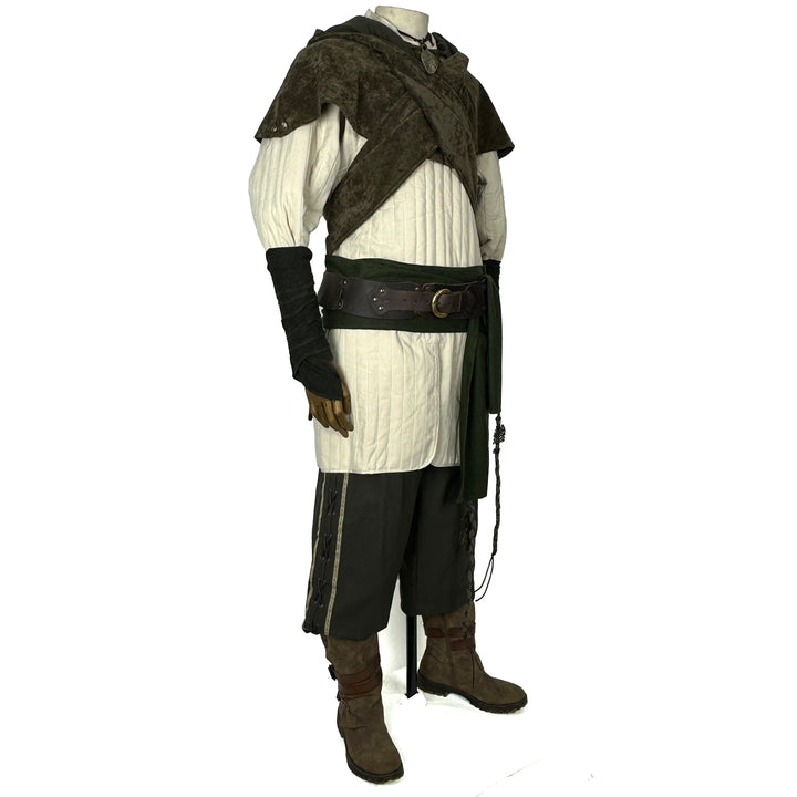 LARP Basic Outfit - 6 Pieces: Green Hood, Arm Wraps,White Gambeson, Pants, Sash, Necklace