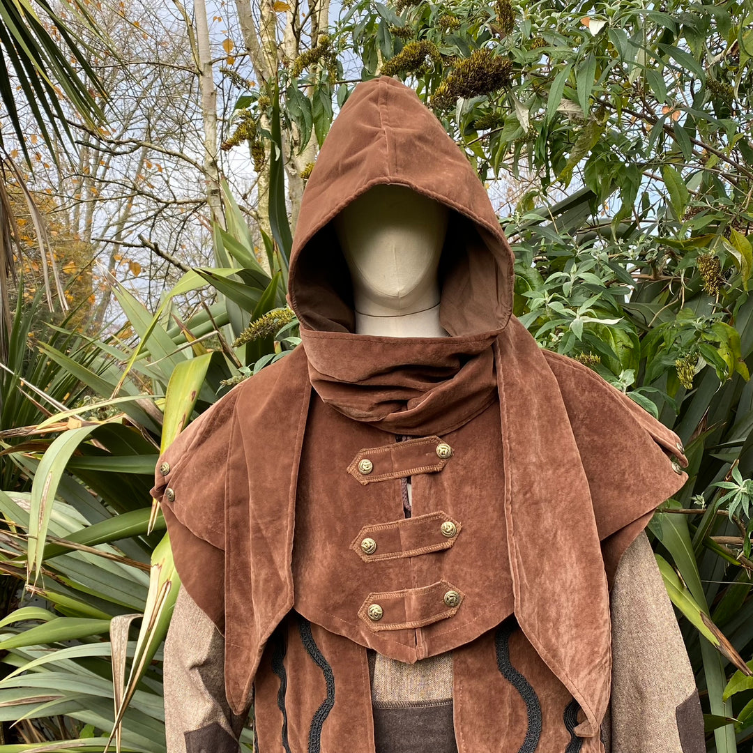 This LARP Hood is Brown with a Wrap Around extention. This Viking Scarf Hood is made of Faux Suede Effect, and is Water Resistant and Warm: perfect for your LARP Character and LARP Costume, Cosplay Event, and Ren Faire.