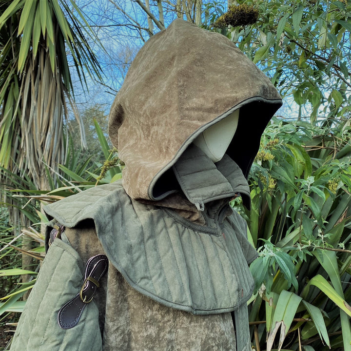 Forest Warrior LARP Outfit - 4 Pieces; Green & Brown Gambeson Jacket, Padded Hood, Belt, Sash - Chows Emporium Ltd