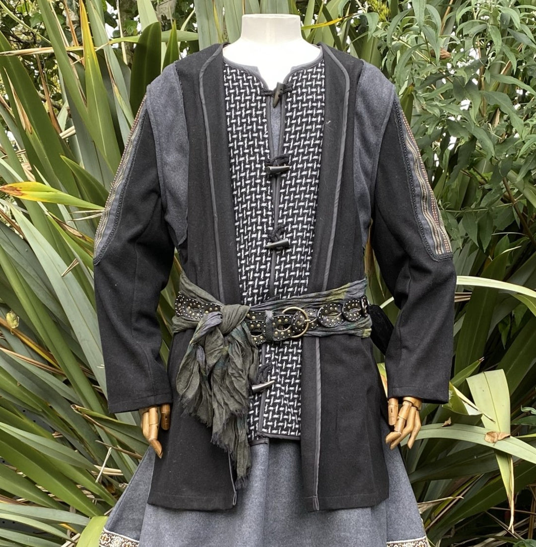 black grey medieval jacket with ornate panels and braiding for LARP & Renaissance faire