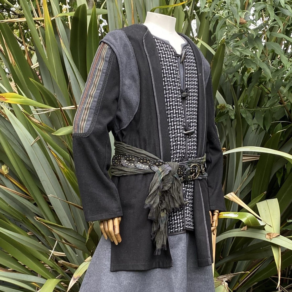 ornate panel medieval jacket in black and grey with braided trim