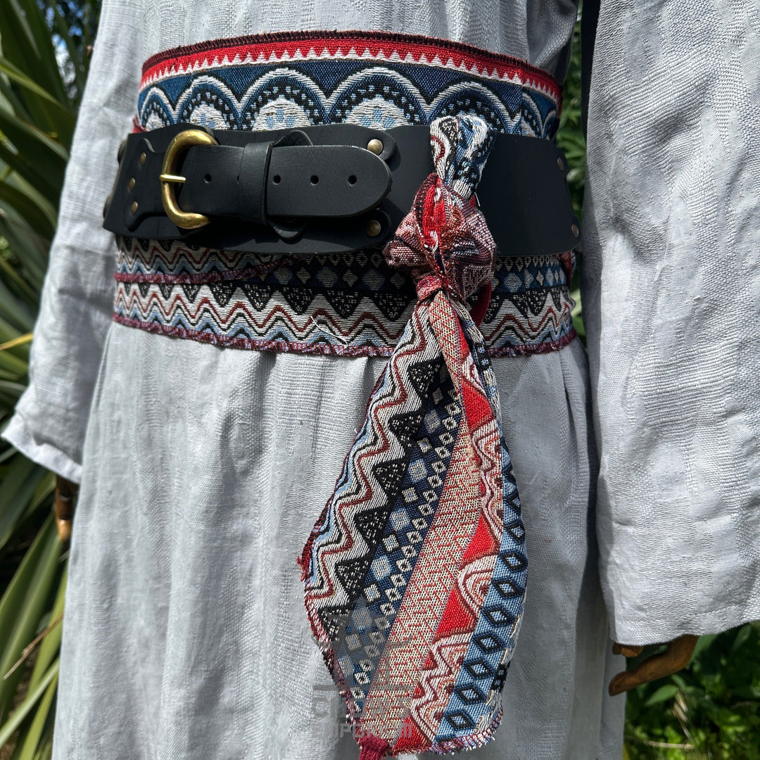LARP Belt and Sash Set - Red, White & Blue Multi Pattern - Buffalo Leather