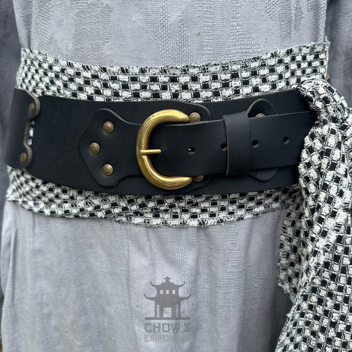 LARP Belt and Sash Set - Black and White Check Pattern - Buffalo Leather