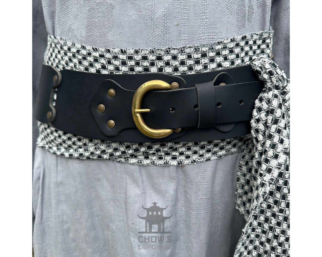 LARP Belt and Sash Set - Black and White Check Pattern - Buffalo Leather